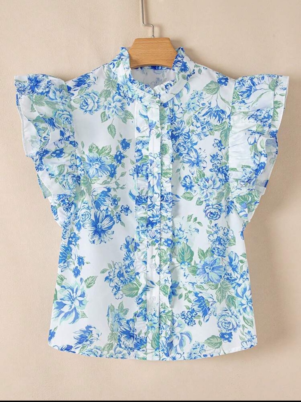 Blue & White Floral Ruffle Sleeve Blouse - Picture 2 of 6